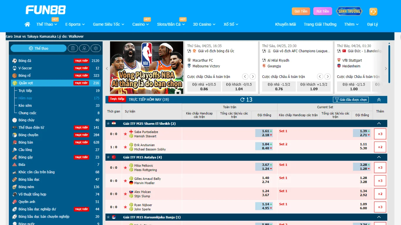 Giao diện soi kèo cá cược tennis tại FUN88