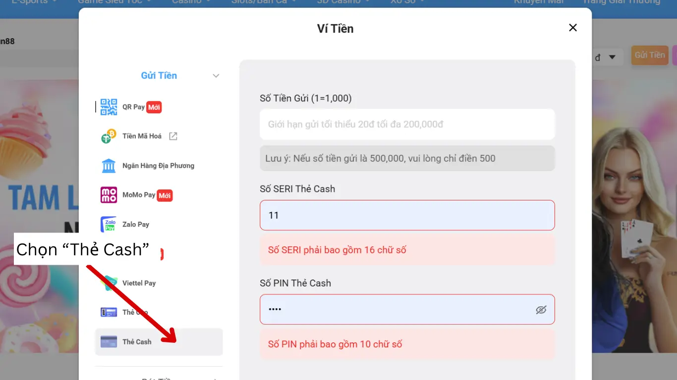 Nạp tiền fun88 thẻ cash