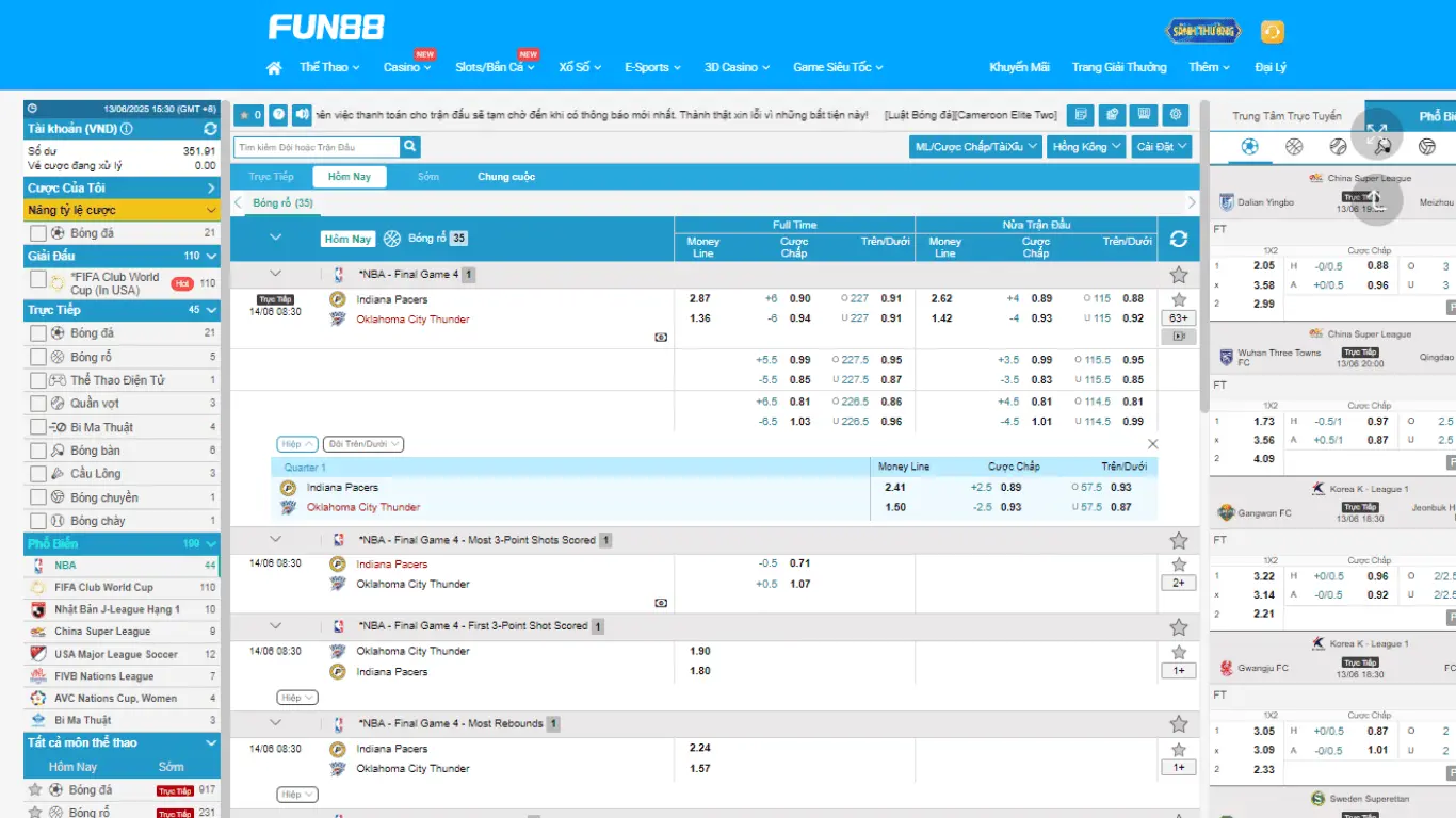 Giao diện tỷ lệ kèo bóng rổ tại FUN88