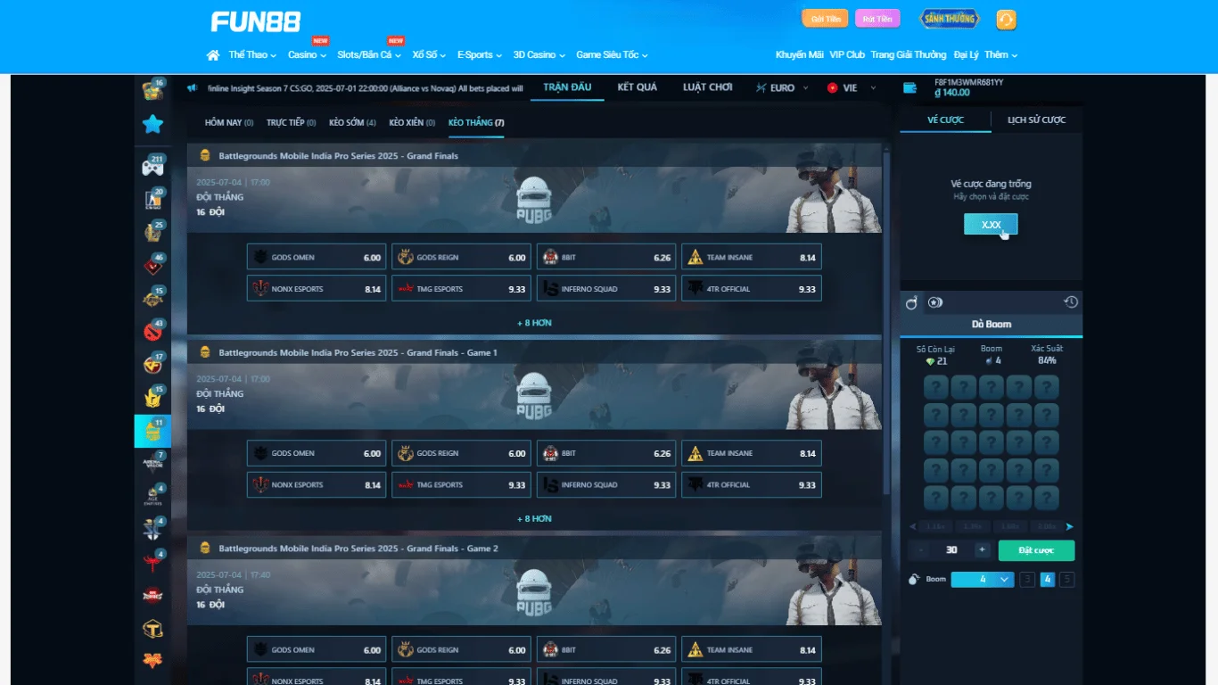 Giao diện cá cược PUBG tại FUN88