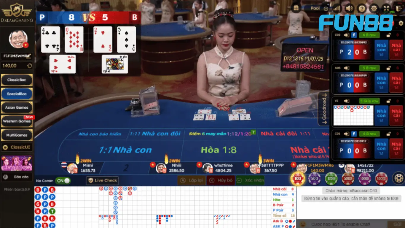 Giao diện game Baccarat Bảo Hiểm tại FUN88