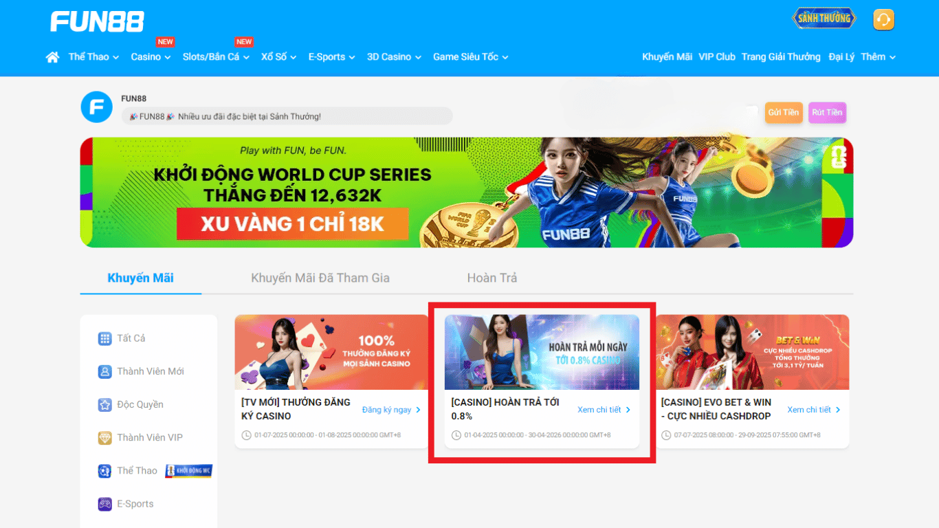 Giao diện khuyến mãi hoàn trả 0.8% Casino tại FUN88