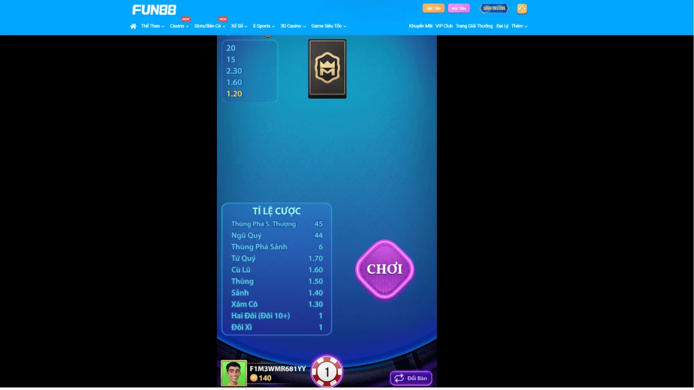 Poker online tại FUN88 sở hữu giao diện đầy đủ thông tin
