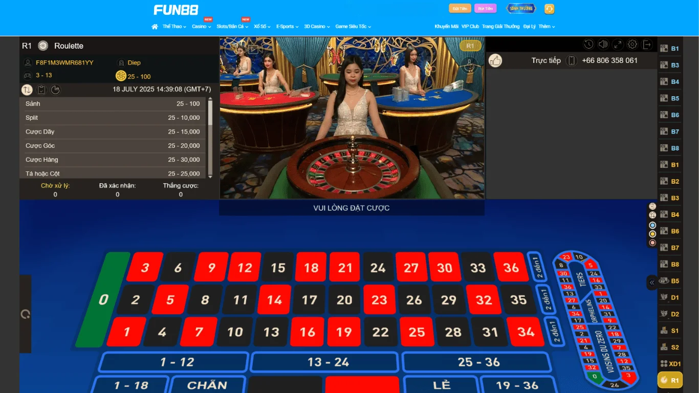 Giao diện chơi Roulette online tại FUN88