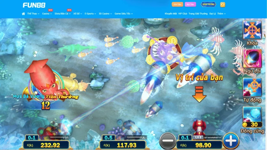 Giao diện game Bắn cá tại FUN88 có nhiều vật phẩm đặc biệt