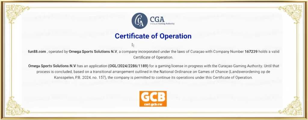 Fun88 Certificate of Curacao