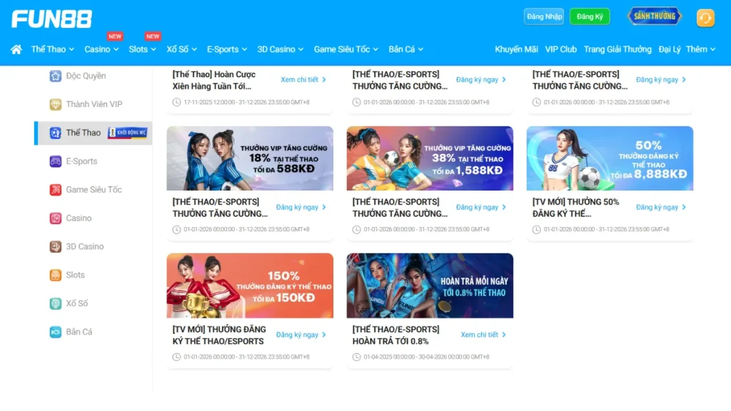 Khuyến mãi hoàn trả 0.8% áp dụng cho mọi môn thể thao tại FUN88